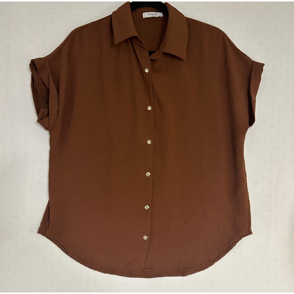 Blanque Women Brown Short Sleeve Button Down Blouse Gold Buttons Size L